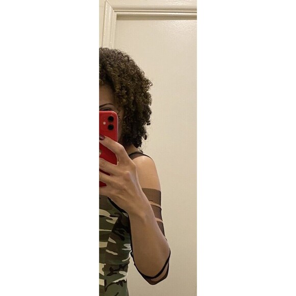 Toxic-Green/Brown-Body Con-Mini Camo Dress-with Distressed Mesh Sleeves-Lg.-Used - Picture 9 of 15